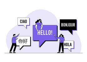 Online translator, Translate foreign languages, Chat bubbles with different languages, Hello, Multilingual communication, App icon for Dialogue between foreign people concept flat vector illustration