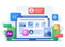 Interface elements and browser windows on the laptop screen, Web design, UI UX, Software development, Web design, Application design, Coding, Web development flat illustration for landing page vector