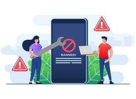 Blocked or banned website, system, connection, Ad blocking software, Banned user account flat illustration vector banner for landing page, social media, website, mobile apps