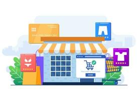 Clothing store flat illustration, Purchase, Clothes, Shopping bags, Credit cards, Shopping cart, Shopping concept flat illustration for landing page, web design, infographic, Rate products vector