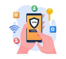 mano participación teléfono inteligente y molesto a conectar VPN, virtual privado red, seguro web tráfico, cifrado datos transferir, seguro red acceso, la seguridad en Internet, la seguridad cibernética, remoto servidor vector