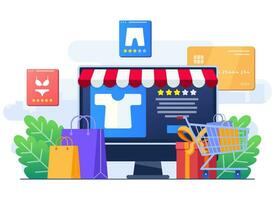 comprar ropa desde en línea ropa almacenar, en línea compras, orden en línea, comercio electrónico sitio web, digital o virtual mercado, Internet Tienda plano ilustración para aterrizaje página, web diseño, infografía vector