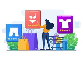 orden ropa en línea, compras concepto, hembra cliente personaje con compras pantalones y regalo plano ilustración concepto, lata usado para web bandera, infografía, aterrizaje páginas, ui, social medios de comunicación vector