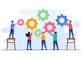 Finding new ideas, Business people join jigsaw puzzle pieces flat illustration vector template, Teamwork, Partnership, Cooperation, Achievement, Solution, Problem-solving