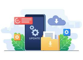 Upgrading operating system flat illustration, System update, System maintenance, Update program and application, Error fixing, troubleshooting, Device update, Software upgrade process vector