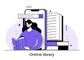 en línea biblioteca concepto plano ilustración, medios de comunicación libro biblioteca, hembra personaje leyendo libros, en línea libro almacenar, lector aplicación, educación, digital estante para libros, graduado en línea escuelas vector