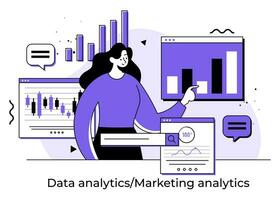 Businesswoman analyzing business and marketing data, Data management, Search engine optimization, Business strategy and analytics, business financial planning, data statistics vector