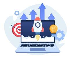 Flat vector illustration of the rocket successfully taking off from laptop screen, Startup business project, Innovation product, Creative idea,