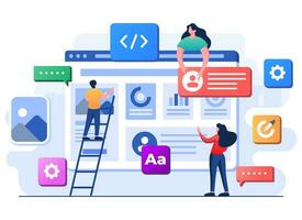 Developers building creating website User interface front view, Web design, UI UX, Software development, Web design, Application design, Coding, Web development flat illustration for landing page vector