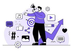 Male character addressing the audience through social media using a megaphone, social media marketing, digital marketing, endorsement, endorse, e-commerce, business concept flat illustration vector