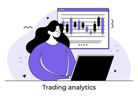 hembra comerciante analizando económico datos de valores mercado, técnico análisis candelero cuadro, forex comercio concepto. comercio estrategia, invertir en valores mercados, fondos y digital activos. vector