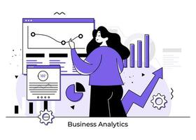 business woman analyzing and monitoring financial data, Business analytics, and research, Business financial planning, business strategy, Analysis concept for web banner, landing page, infographics vector