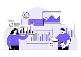 Business people looking at charts and graphs of business data report, Analyzing business data, Business data analytics, Analytics and research, Financial reports and investments vector