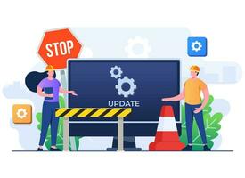 System maintenance, Error, Fixing trouble, Device updating, Software system under maintenance vector illustration, Software upgrade process on computer, System update, People update operation system