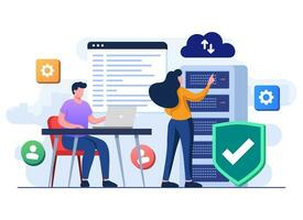 Software engineers with cloud data storage security, Cyber security, Database storage, Online hosting technology, Cloud Protection, Data backup, File sharing, Secure personal data flat illustration vector