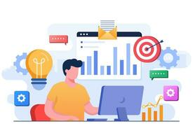 Businessman analyzing charts, graphs, and bars, Business data analytics, Market research, Business performance, Search engine optimization, Financial report, Business strategy, Financial forecast vector