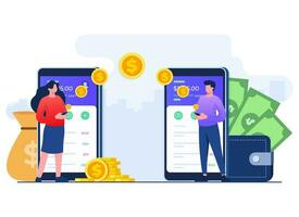 People send and receive money through mobile app, Electronic wallet, Mobile bank transaction, Secure money transfer gateway flat illustration vector template, Digital banking mobile app