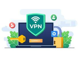 VPN to protect personal data on internet, Secure web traffic, Encrypted data transfer, VPN access, Virtual private network, Remote server, Secure router access, Safety on internet vector