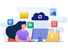 Woman working with cloud computing and database service, Synchronize data, Secure file sharing, Upload and download files in the cloud server, Data backup, Online cloud storage vector