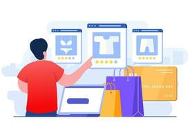 hombre personaje comprar ropa en línea utilizando computadora portátil, en línea almacenar, en línea compras, comercio electrónico sitio web, digital o virtual mercado plano ilustración para aterrizaje página, web diseño, infografía vector