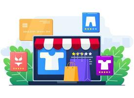 comprar ropa desde en línea ropa almacenar, en línea compras, orden en línea, comercio electrónico sitio web, digital o virtual mercado, Internet Tienda plano ilustración para aterrizaje página, web diseño, infografía vector