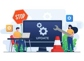 System maintenance, Error, Fixing trouble, Device updating, Software system under maintenance vector illustration, Software upgrade process on compuer, System update, People update operation system