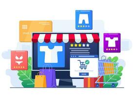 comprar ropa desde en línea ropa almacenar, en línea compras, orden en línea, comercio electrónico sitio web, digital o virtual mercado, Internet Tienda plano ilustración para aterrizaje página, web diseño, infografía vector