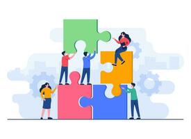 Businesspeople connect jigsaw puzzle pieces flat illustration vector template, Teamwork, Partnership, Cooperation, Achievement, Solution, Problem-solving