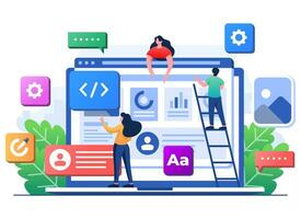 Developers build website User interface front view on laptop screen, Web design, UI UX, Software development, Web design, Application design, Coding, Web development flat illustration for landing page vector