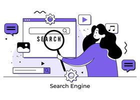 Search engine concept with woman holding magnifying glass flat illustration, SEO search engine optimization, Browser window, Target online audience with digital marketing strategy, Content marketing vector