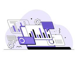 Data and information displaying on laptop screen, Content insight, social media content monitoring tool, Search result optimization, SEO marketing analytics, business data analysis, Market research, vector