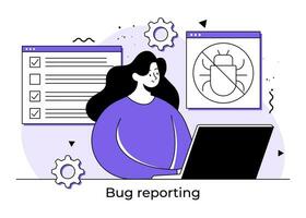 Bug fixing flat illustration concept, Software problem or system failure, Female developer fixing system errors or bugs, Software development process problem stage, Programming corrupt errors vector