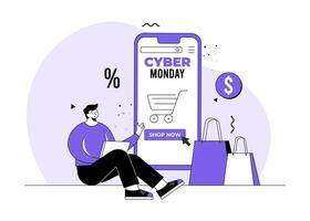 Cyber Monday offers, Online shopping flat illustration vector concept, Special offer, discounts, E-commerce, Digital store, E-shop, online store website on smartphone screen