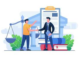 Lawyer giving legal assistance or singing contract, agreement, or document, Law and justice flat illustration concept, Service of a lawyer, Notary, Legal consultation in business and finance vector