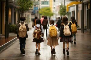 ai generado estudiantes son en su camino hogar foto