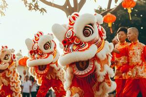 ai generado león danza durante chino nuevo año celebracion. realizar un tradicional león danza foto