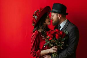 ai generado un hombre y mujer en un rojo vestir y sombrero son besos foto