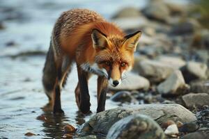 AI generated a fox is walking along a rocky shoreline photo