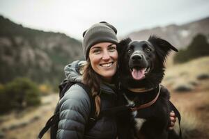 AI generated Picture of a young woman hiking and having her favorite dog. photo