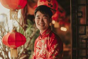 AI generated Image of an Asian man wearing red at the Chinese New Year festival. photo