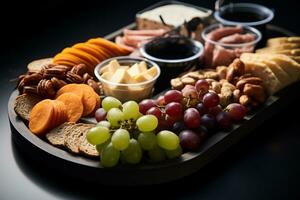 ai generado aéreo Disparo con queso tablero menú para un fiesta foto