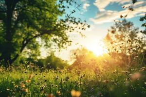 AI generated a field with flowers and trees at sunset photo