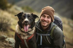 AI generated A picture of a man hiking and his favorite dog. photo