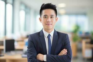 AI generated Office worker portrait of smiling handsome businessman boss in suit standing photo