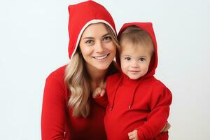 ai generado mujer con linda pequeño niño vestir linda Navidad trajes de la madre pequeño hijo aislado en blanco antecedentes. estudio foto