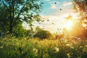 AI generated a field with flowers and butterflies flying in the air photo