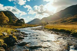 AI generated Photograph of a small stream amidst the mountains. photo