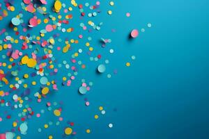 AI generated brightly colored confetti ultra realistic on a blue background photo