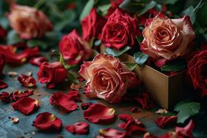 ai generado regalo caja con rosas foto