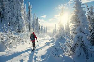 AI generated Winter landscape with snow and people exploring photo